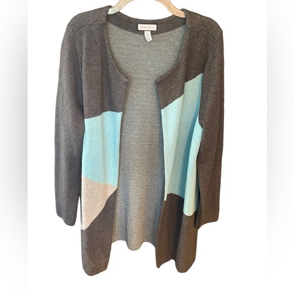 Charter Club Sz L Gray Turquoise Colorblock Long Duster Cardigan Sweater - Picture 1 of 7